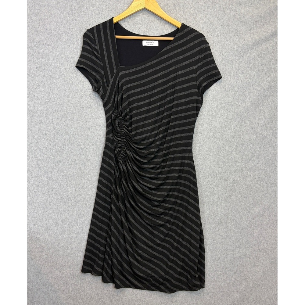 Bailey 44 Size Large Dress Black Gray Striped Ruched Fitted Neutral Minimalist